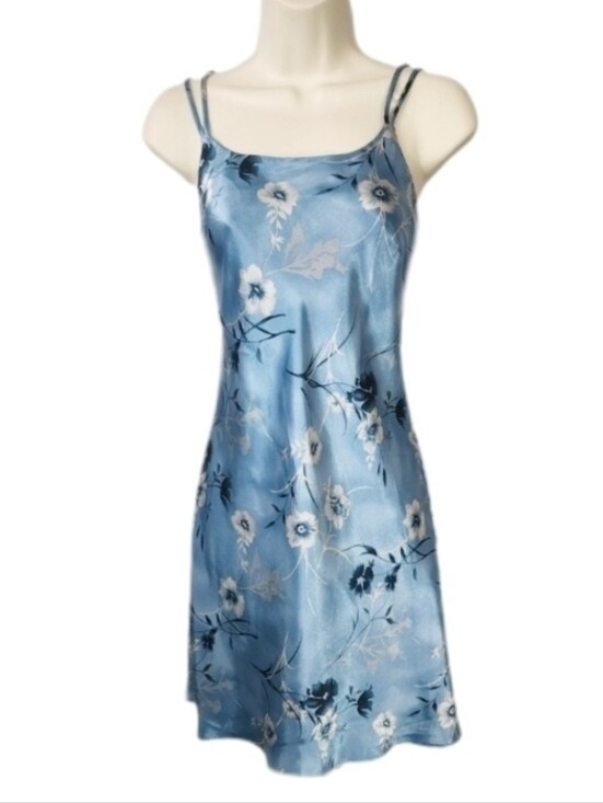None Dresses & Skirts - Slip Dress Corset Back Floral Satin with Lace-Up Back Blue Size S